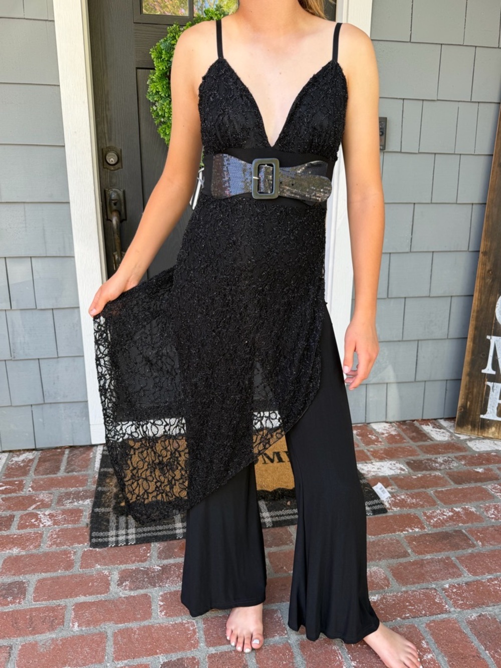 VTG Black Belted Jumpsuit Floral Sparkle Lace Bias-Cut Overlay Whimsigoth S NWT